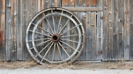 A Vintage Wooden Wagon Wheel Leaning Against a Weathered Barn, Surrounded by Rustic Elements and Faded Farmhouse Charm, Evoking a Sense of History and Timeworn Beauty