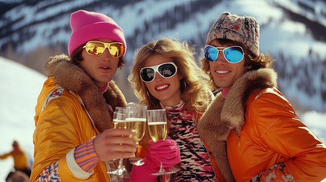 Three friends in vibrant winter clothing celebrate a ski trip with champagne, capturing a fun, retro ski party atmosphere.