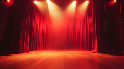 Magic theater stage red curtains show spotlight.
