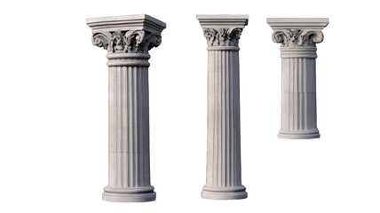 Obraz premium Three classical columns, varying in height, isolated on transparent background