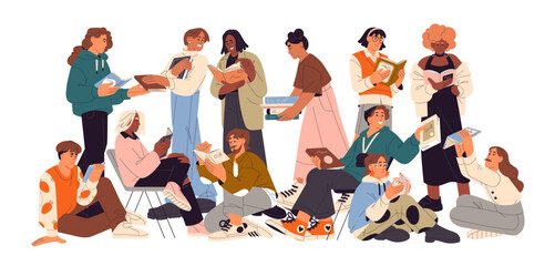 Fototapeta na wymiar Happy readers hold, exchange books. Diverse people read literature together. Group of students studies with textbooks in library. Bookcrossing concept. Flat isolated vector illustration on white