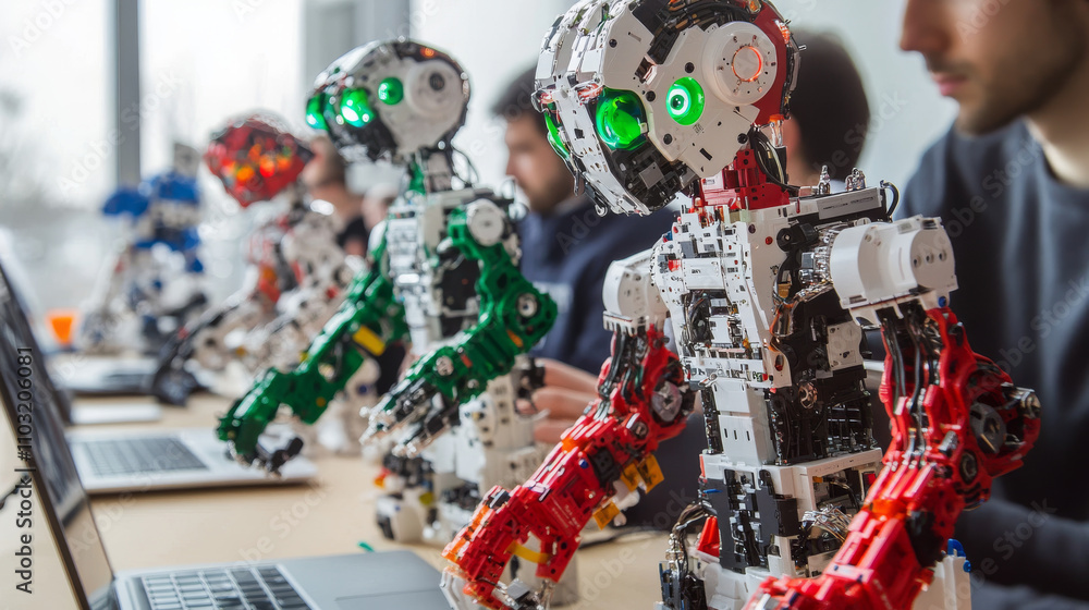 Poster the boy builds a toy humanoid robot from constructor, programs it on laptop. children society of rob