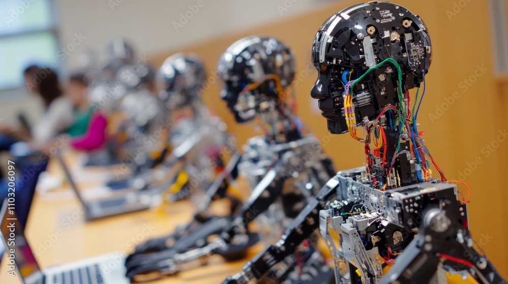 Poster the boy builds a toy humanoid robot from constructor, programs it on laptop. children society of rob