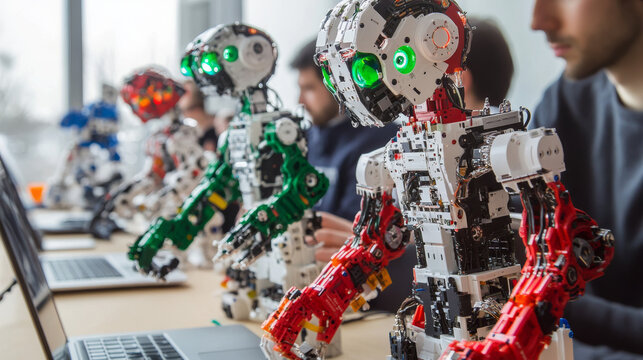 The boy builds a toy humanoid robot from constructor, programs it on laptop. Children society of robotics, electronics, programming enthusiasts. Education and hobby of engineering technology of Kids.