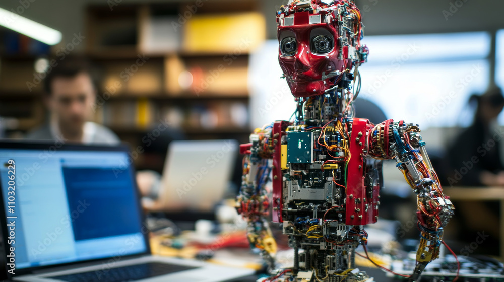 Poster the boy builds a toy humanoid robot from constructor, programs it on laptop. children society of rob