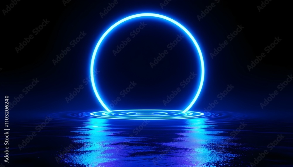 Poster retro futuristic abstract ocean scenery with a blue and violet neon circle with copy space 3d render
