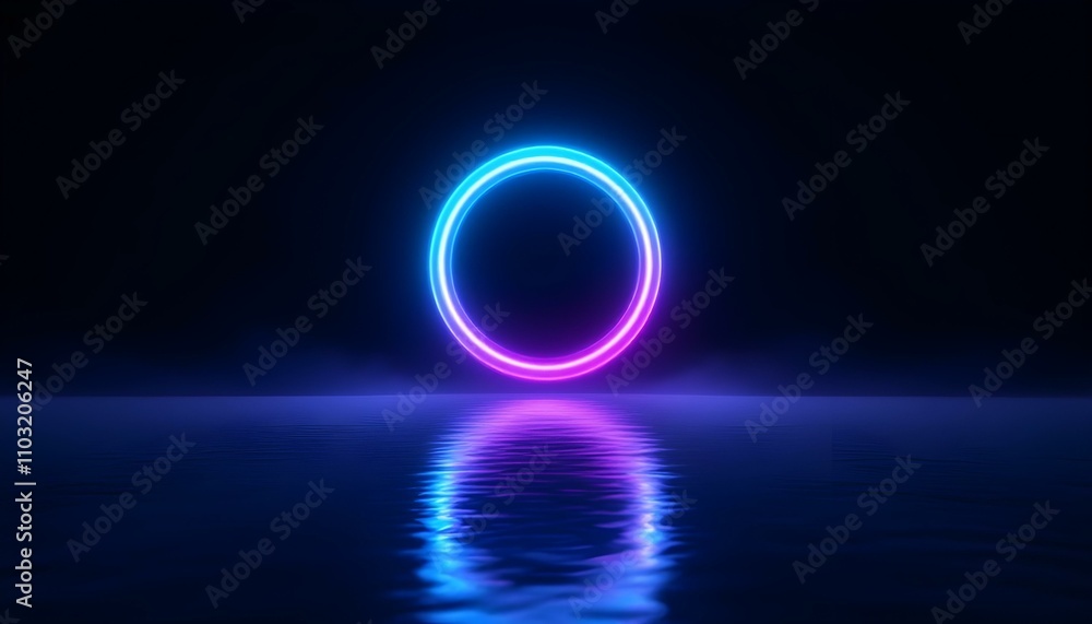 Poster retro futuristic abstract ocean scenery with a blue and violet neon circle with copy space 3d render