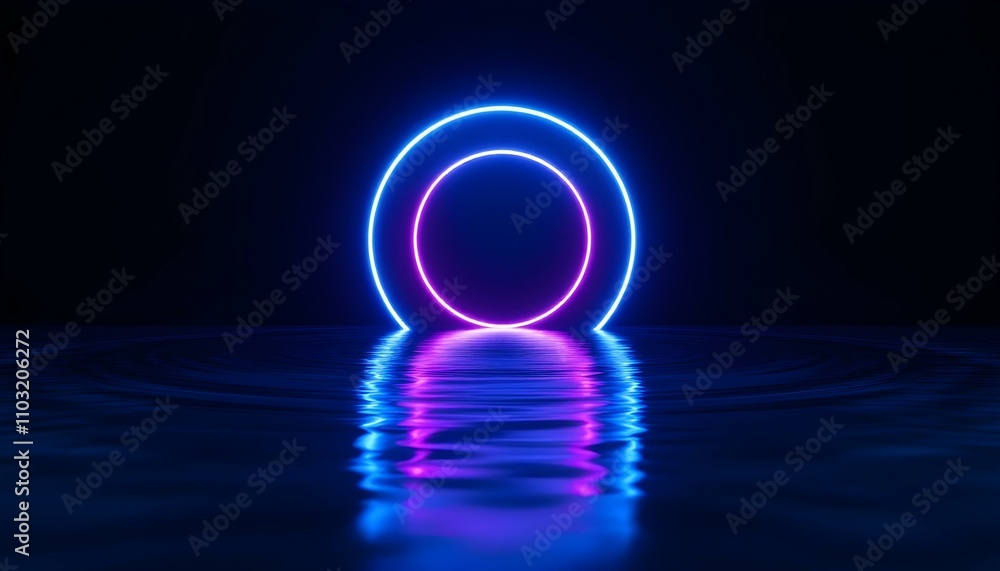 Poster retro futuristic abstract ocean scenery with a blue and violet neon circle with copy space 3d render