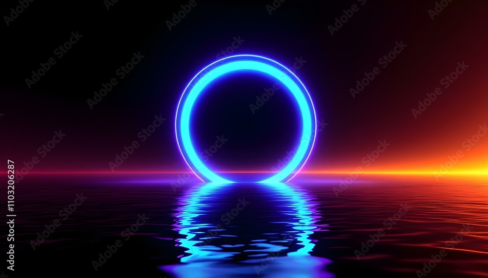 Poster retro futuristic abstract ocean scenery with a blue and violet neon circle with copy space 3d render