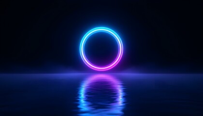 Obraz premium Retro futuristic abstract ocean scenery with a blue and violet neon circle with copy space 3D rendering. futuristic abstract ocean scenery with blue and violet neon circles. 