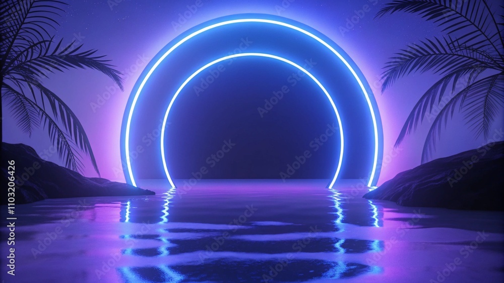 Poster retro futuristic abstract ocean scenery with a blue and violet neon circle with copy space 3d render