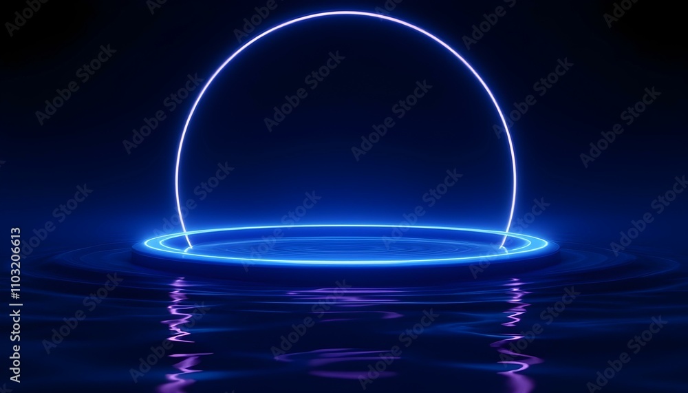 Poster retro futuristic abstract ocean scenery with a blue and violet neon circle with copy space 3d render