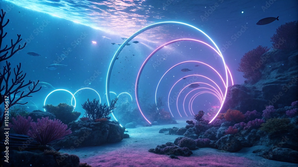 Poster retro futuristic abstract ocean scenery with a blue and violet neon circle with copy space 3d render