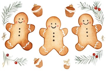 Fototapeta premium Gingerbread men, pine branches, and festive decorations in watercolor style on a white background, perfect for holiday cards, posters, clipart, and seasonal illustrations.
