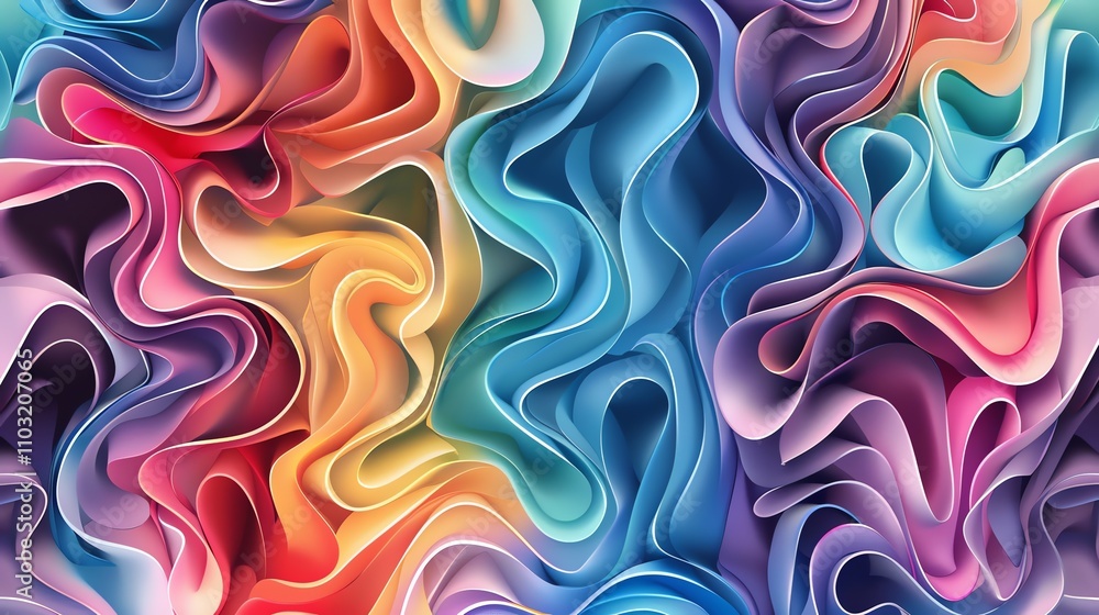 Poster an abstract 3d rendering of swirling colorful shapes.