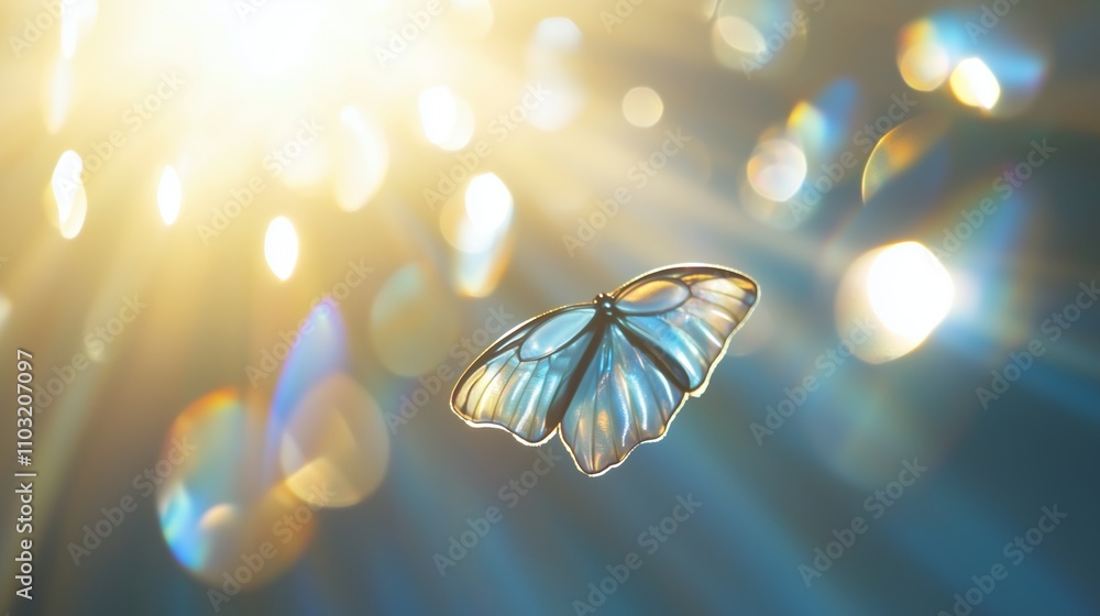 Poster bright butterfly fluttering in sunlight with sparkling bokeh effect in a serene setting