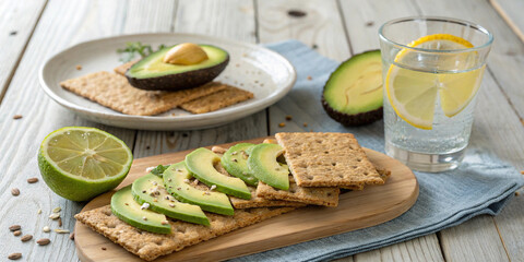 Healthy avocado snack with crackers and lemon water on rustic wooden table