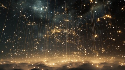 Golden light streaks falling from a dark, starry sky onto a cloudy ground.