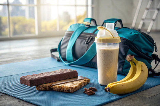 Gym essentials: protein shake, snack bars, and bananas for post-workout nutrition