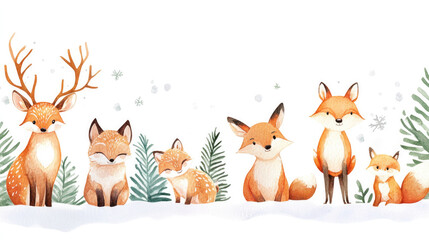 Obraz premium Set of woodland animals including deer and foxes in a snowy forest in watercolor style on a white background, perfect for holiday cards, posters, and seasonal designs.