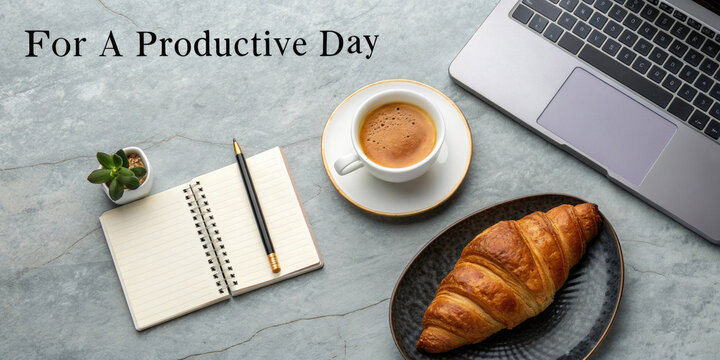 Morning motivation: laptop, coffee, notebook, and croissant on modern desk. Horizontal banner, website header.