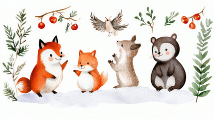 Woodland creatures including foxes, squirrel, bear, and bird in watercolor style on a snowy white background with red berries, perfect for winter-themed prints and cards.