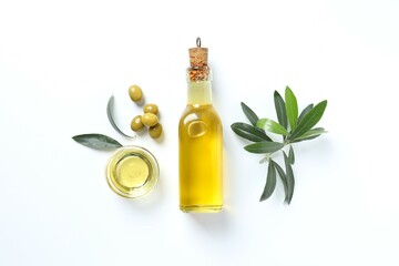 Bottle of fresh olive oil and olives with leaves on white background