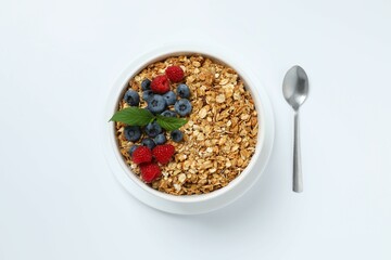 Delicious granola with berries on a light background