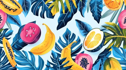 A tropical fruit pattern with bananas, papaya, orange, and leaves on a light blue background.