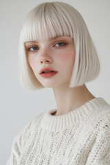 Naklejka premium model with a white bob haircut, bangs, and a white background, wearing a white sweater, with natural makeup and a neutral expression, looking straight at the camera. 