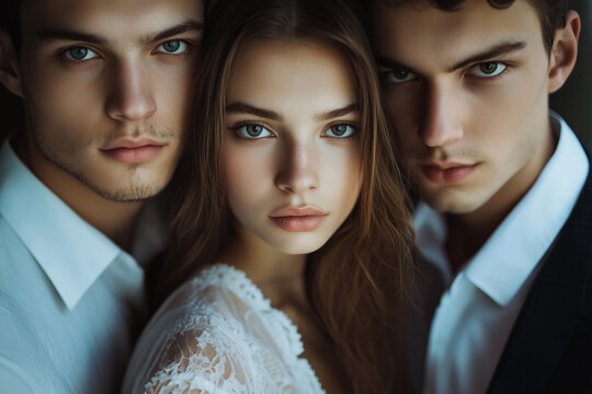 beautiful woman between two handsome men, in the style of love triangle , romantic fantasy .