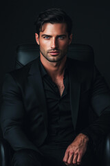 Fototapeta premium photo of handsome man with dark hair, blue eyes, and a muscular body wearing black suit sits casually on a black office chair , wearing all-black , . in the style of a romantic , dark romance 
