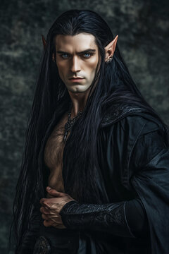
photo of handsome brutal possessive man with long black hair and blue eyes, elf ears, wearing fantasy black outfit. He has a muscular body against a dark grey background .  

