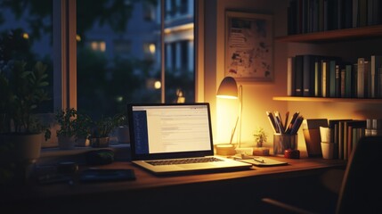 Nighttime Laptop Workspace  Desk Setup Illustration