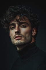 Obraz premium Romantic Italian man with curly hair and stubble, wearing black . He is posing for a profile photo. . The background is dark In a cinematic style.