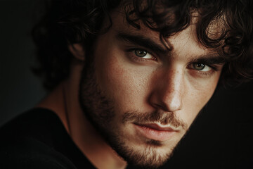 Romantic Italian man with curly hair and stubble, wearing black . He is posing for a profile photo. . The background is dark In a cinematic style.