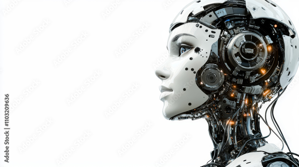 Poster female humanoid robot or cyborg with artificial intelligence sideways. head of machine is connected 