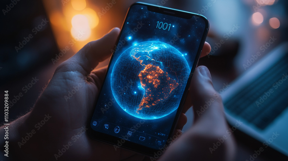 Poster high speed communications with world wide web from anywhere in world via phone mobile internet. holo