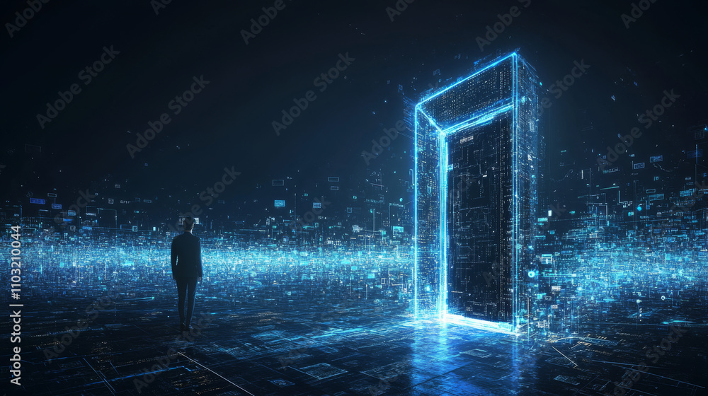 Poster futuristic door in cyber space. digital data center is portal in virtual metaverse. abstract path to