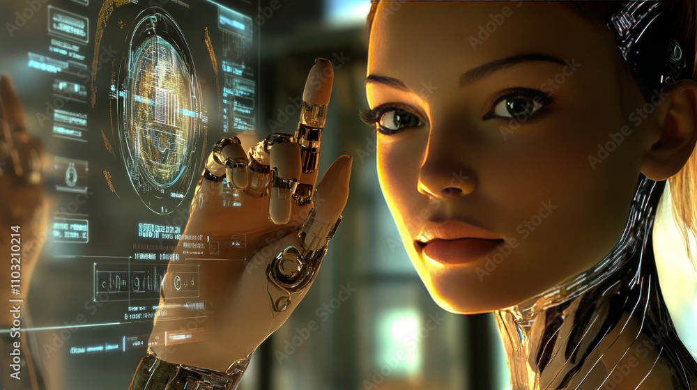 Aufkleber ai in image robot woman or female cyborg working on 3d holographic interface. robotic lady with beau