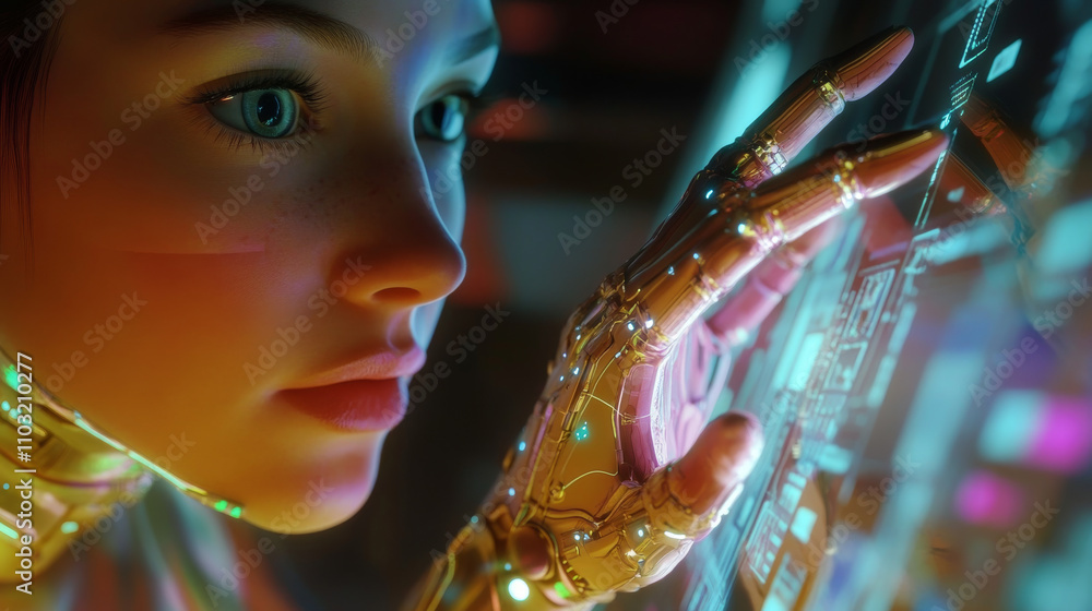 Poster ai in image robot woman or female cyborg working on 3d holographic interface. robotic lady with beau