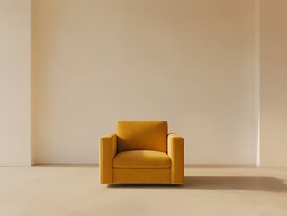 シンプルなインテリアの黄色いアームチェアとベージュの壁 | Minimalist Interior with Yellow Armchair and Beige Wall