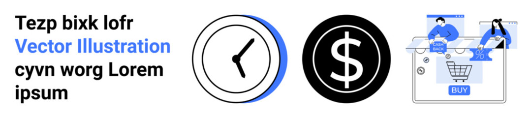 Business elements include a clock, dollar sign, and online shopping cart. Ideal for time management, finance, e-commerce, marketing, online transactions, business strategy productivity themes