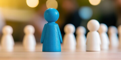 A blue wooden toy figure stands out among the other white ones on the table, business leadership and human resources in management or the representation of an employee team.
