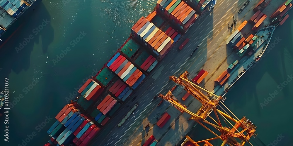 Poster aerial view of a busy shipping port with colorful containers and a crane.