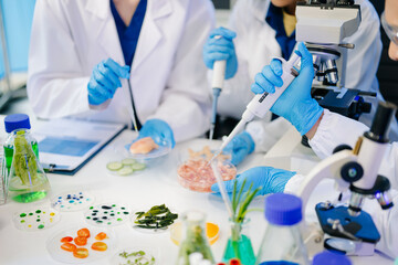 Dynamic scene of food scientists using microscopes and pipettes in a lab,