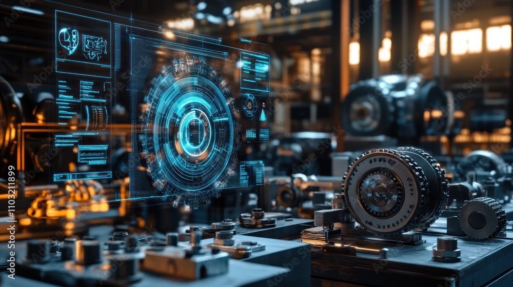 Poster futuristic industrial control system interface displaying data analytics and machinery parts.