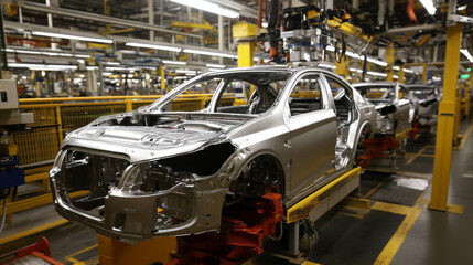 Robotic arms works on factory on manufacture of cars. Industrial robotic welders weld the car body on the Assembly line. 
