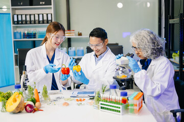Dynamic scene of food scientists using microscopes and pipettes in a lab,