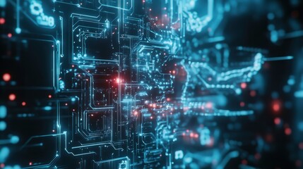 Abstract digital circuit design with glowing elements representing technology and data flow.